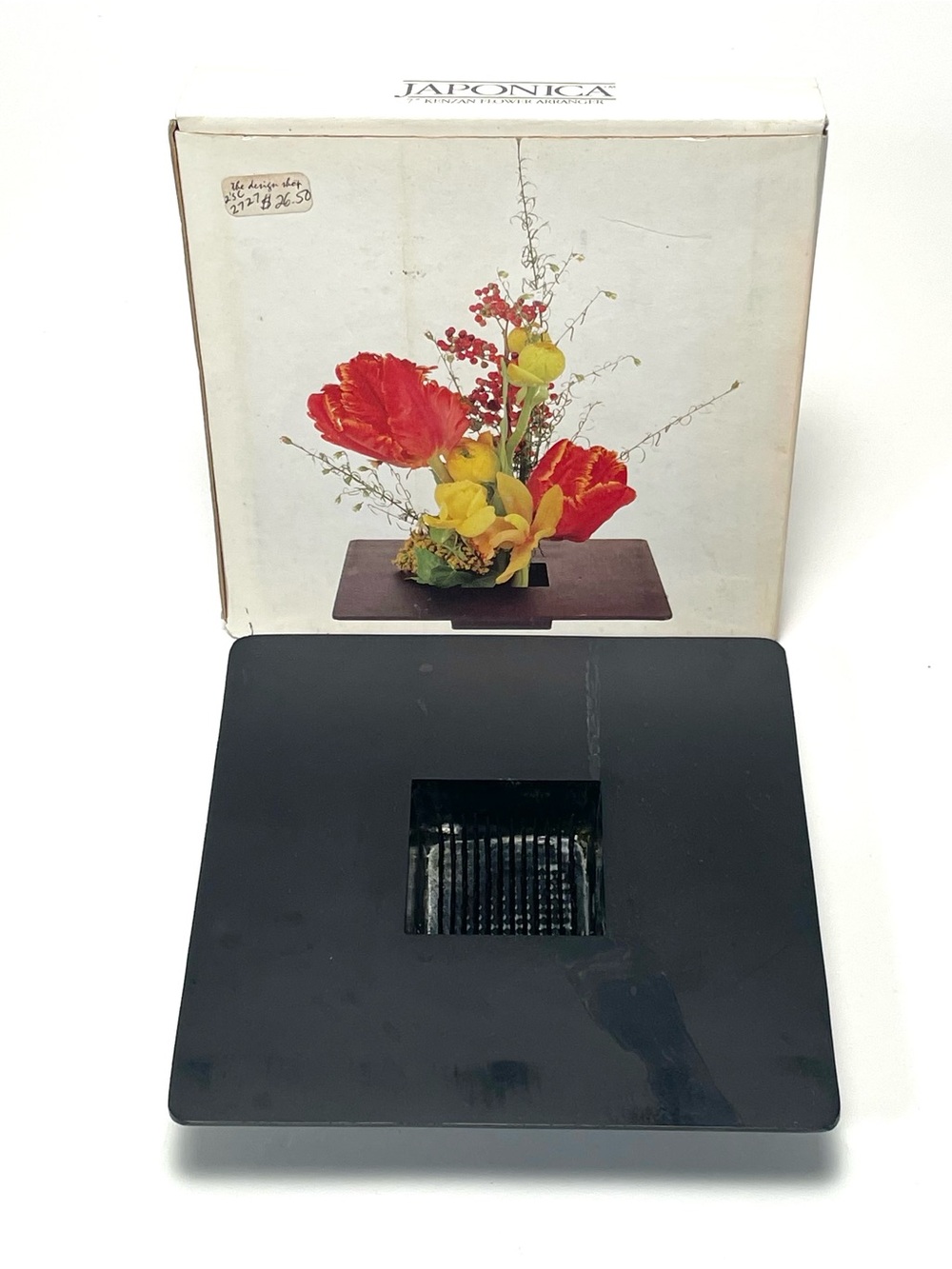 Vintage Japonica Ikebana Kenzan Flower Pin Frog Holder Square Black Base in Box